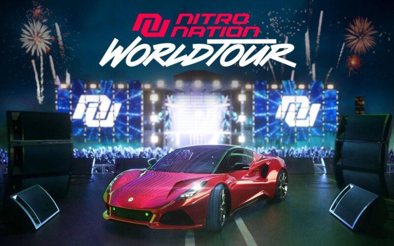 A sports car in front of a concert stage and under the Nitro Nation World Tour logo