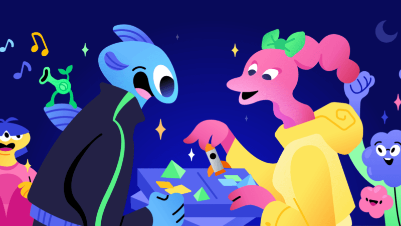 Two colorful cartoon characters play a game while others cheer