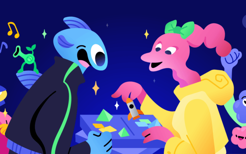 Two colorful cartoon characters play a game while others cheer