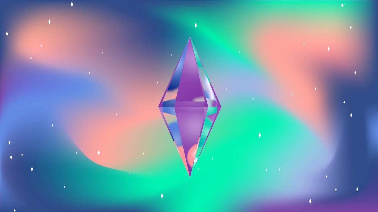 The Sims icon in front of a colorful background