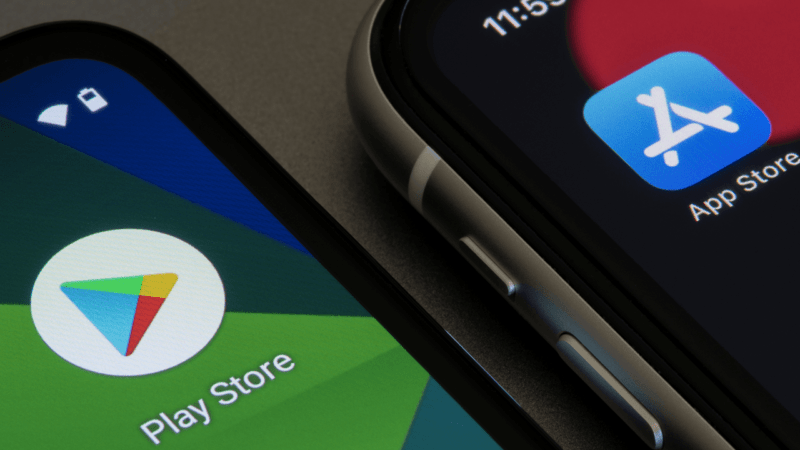Two phone screens showing the icons of App Store and Play Store