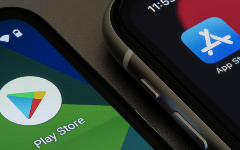 Two phone screens showing the icons of App Store and Play Store