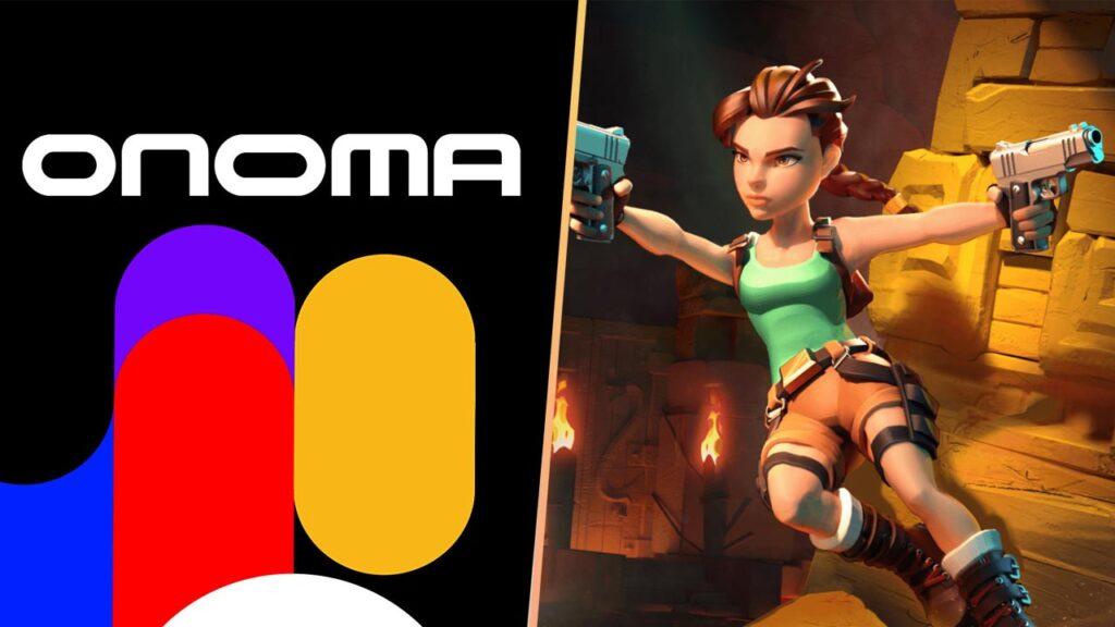 Onoma logo on the left, Lara Craft of Tomb Raider from an upcoming mobile game on the right