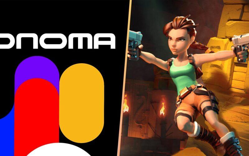 Onoma logo on the left, Lara Craft of Tomb Raider from an upcoming mobile game on the right