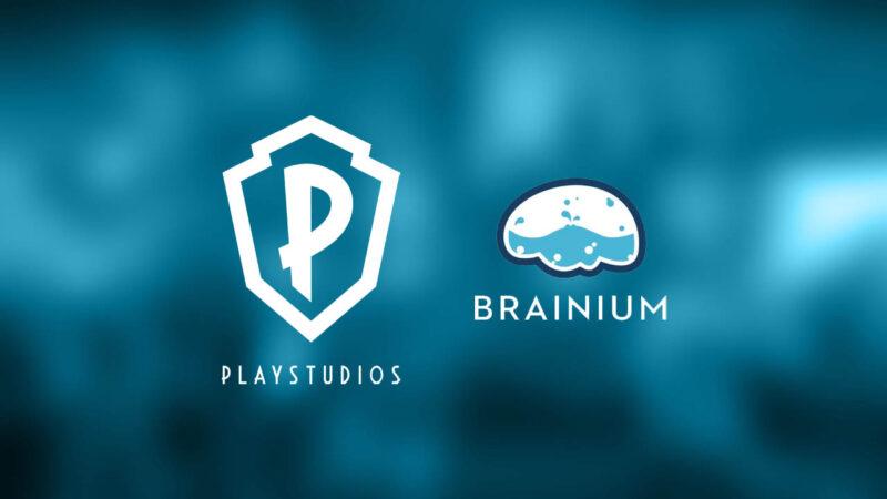 Playstudios Brainium logos on a light blue and blury background