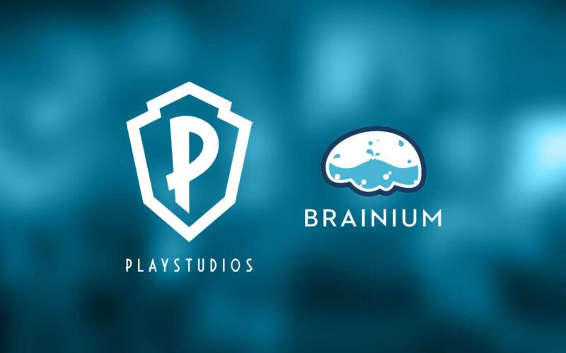 Playstudios Brainium logos on a light blue and blury background