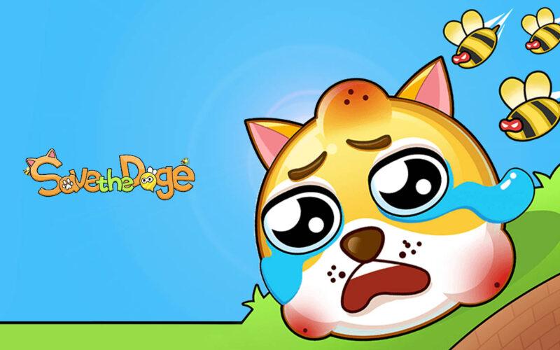 Save the doge logo and the doge running from three bees while crying