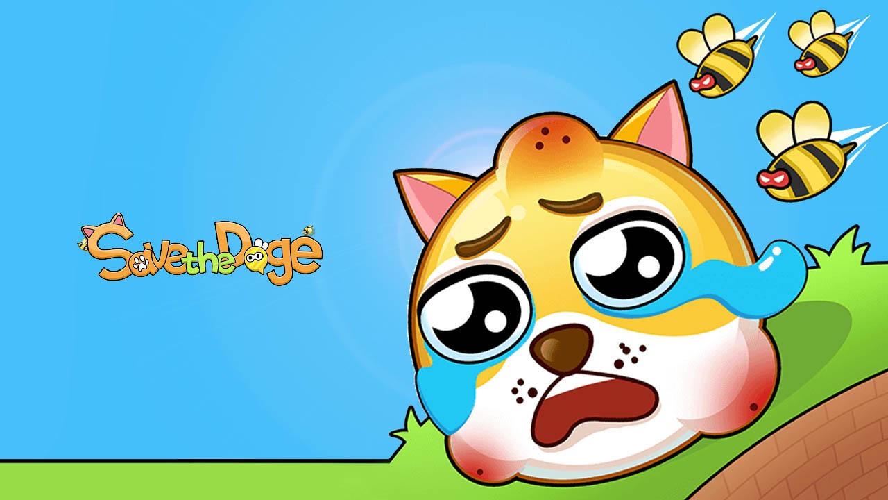 Save the doge logo and the doge running from three bees while crying