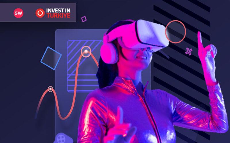 A woman playing a video game wearing a VR headset