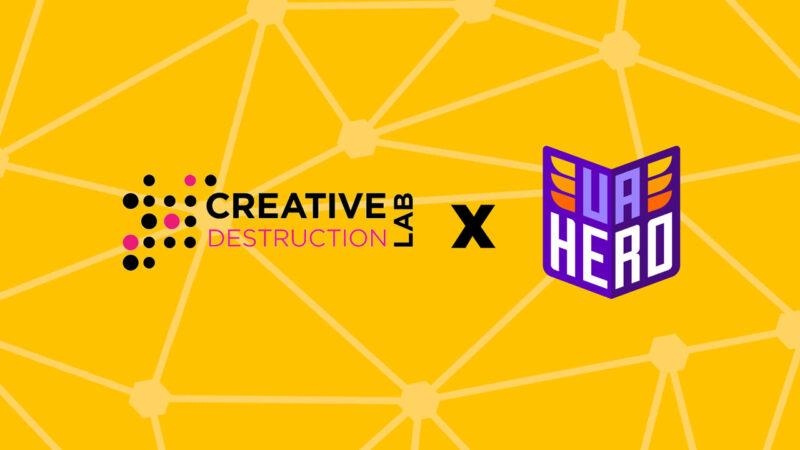 UA Hero and Creative Destruction Labs logos on a yellow background