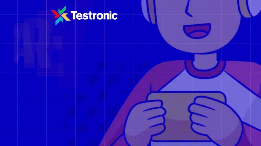 Testronic logo next to the doodle image of a person looking at a mobile device over a blue background