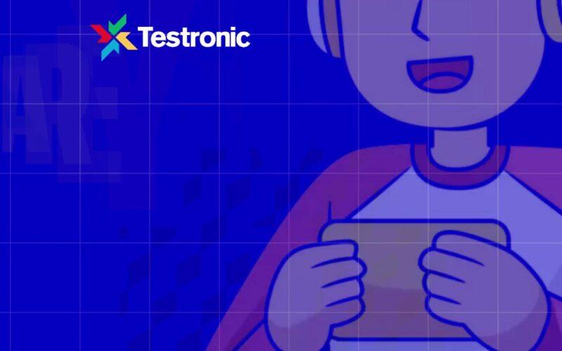 Testronic logo next to the doodle image of a person looking at a mobile device over a blue background