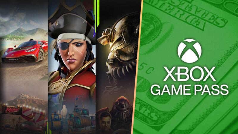 Popular games from Xbox Game Pass on the left, Xbox Game Pass logo on the right with dollars in the background