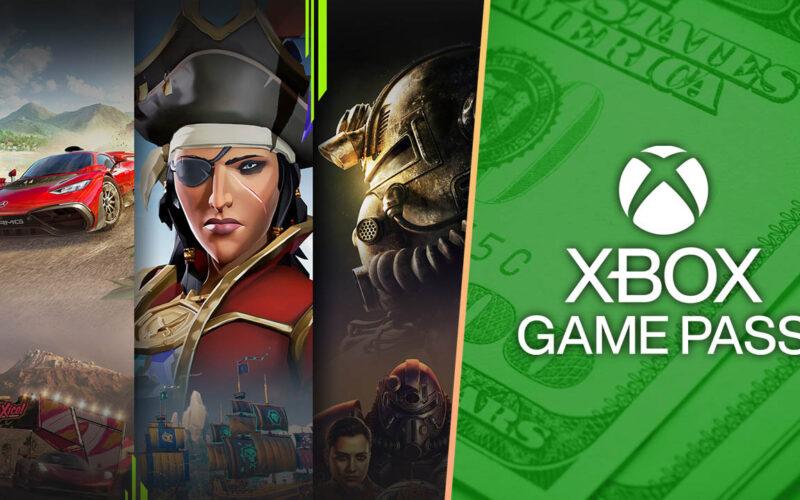 Popular games from Xbox Game Pass on the left, Xbox Game Pass logo on the right with dollars in the background