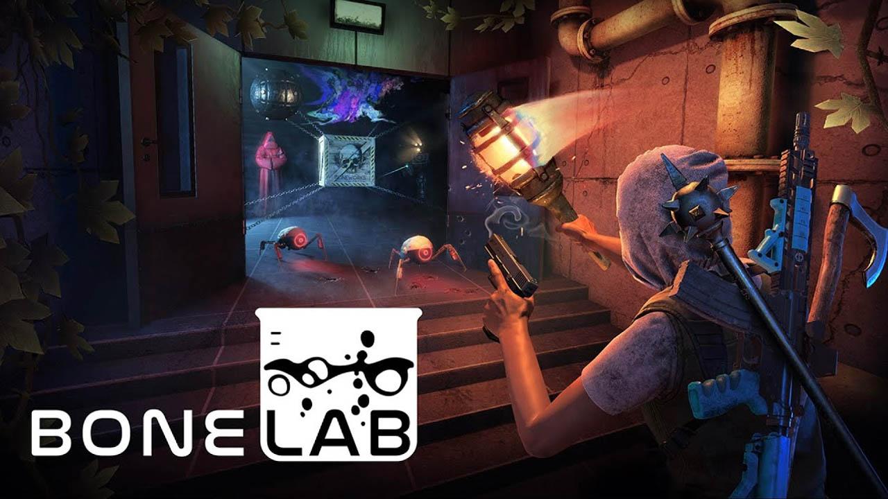 bonelab game character fighting against mechanical spiders