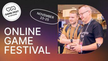 devGAMM online fest logos on the left, two people testing a video game on the right