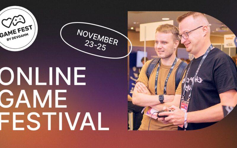 devGAMM online fest logos on the left, two people testing a video game on the right