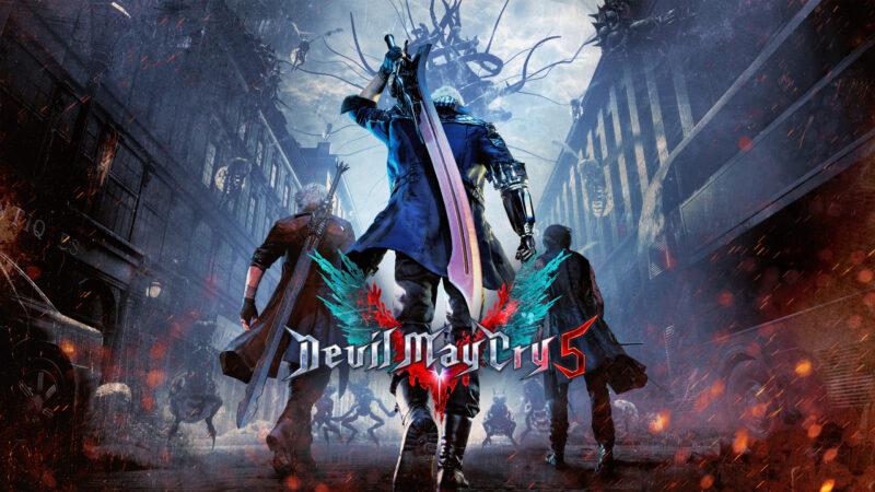 Devil May Cry 5 logo over characters Dante, Nero, and V