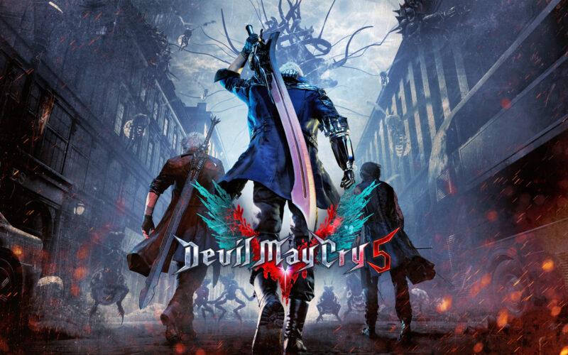 Devil May Cry 5 logo over characters Dante, Nero, and V