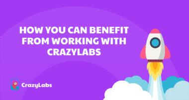 CrazyLabs title with a rocket ship launching on purple background