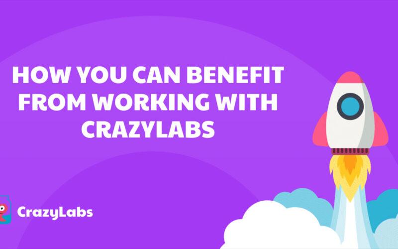 CrazyLabs title with a rocket ship launching on purple background