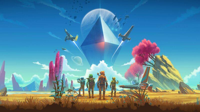 A depiction of No Man's Sky astronauts in a colorful planet