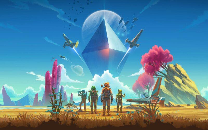 A depiction of No Man's Sky astronauts in a colorful planet