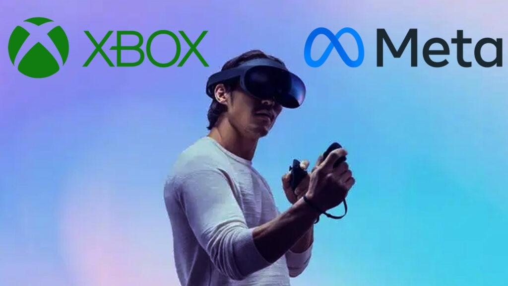 xbox logo on left meta logo on right a man with vr headset in middle