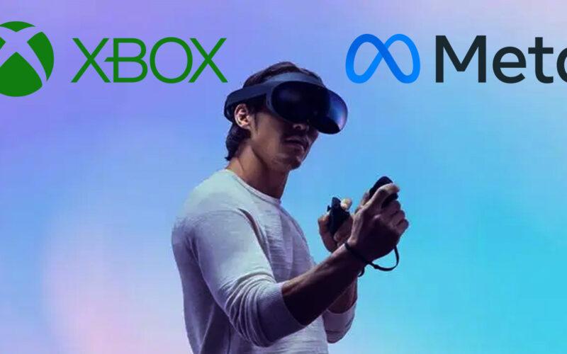 xbox logo on left meta logo on right a man with vr headset in middle