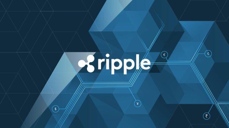 Ripple logo in front of a dark background and blockchain figures