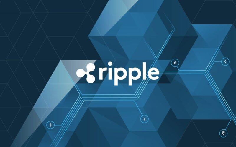 Ripple logo in front of a dark background and blockchain figures