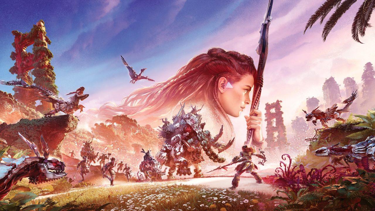 Aloy holds her bow vertically before her in the background. Several enemies from Horizon: forbidden west are showcased in a beutiful field of flowers
