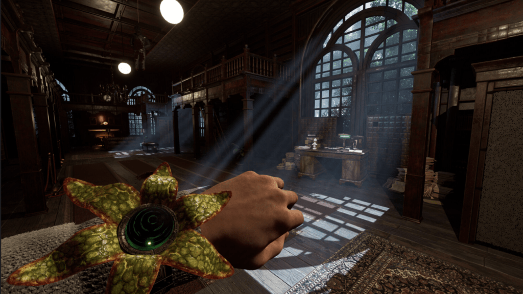 A scene set in an old, decrepit house. A hand with an alien flower attached to its wrist is visible