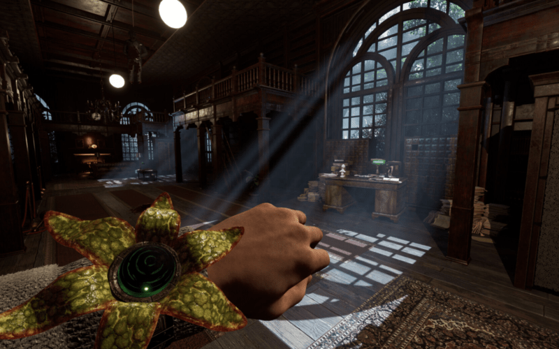 A scene set in an old, decrepit house. A hand with an alien flower attached to its wrist is visible