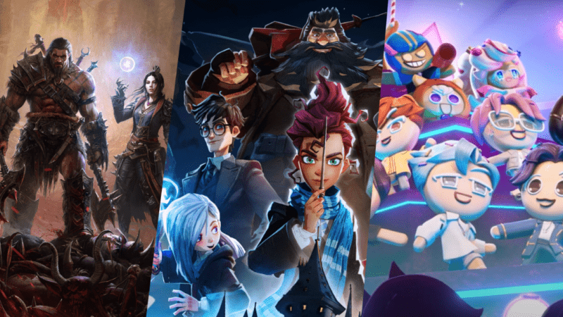 A collage of Cookie Run: Kingdom, Harry Potter: Magic Awakened and Diablo Immortal Banners