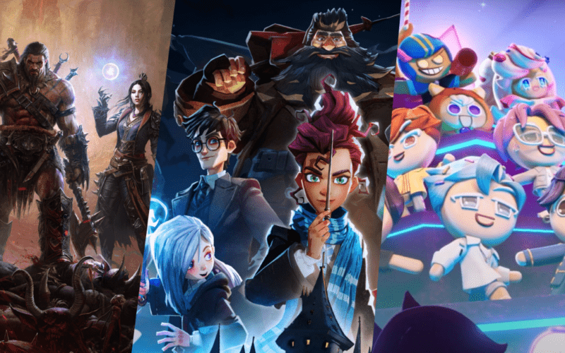 A collage of Cookie Run: Kingdom, Harry Potter: Magic Awakened and Diablo Immortal Banners
