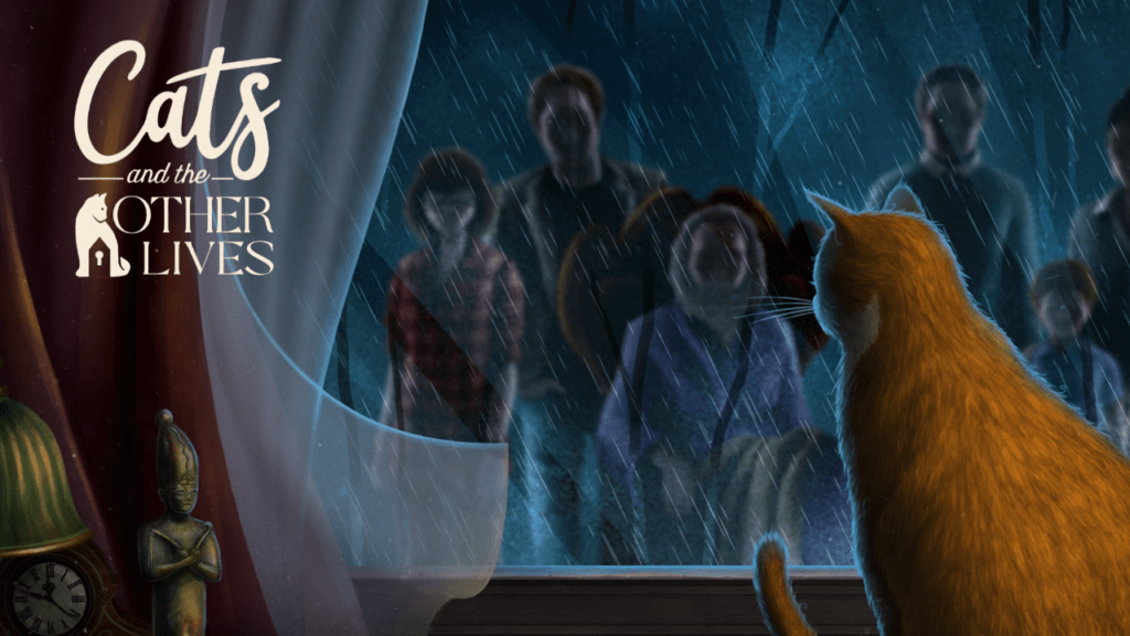 An orange cat looking out the window, to a view of rain and shadowy figures