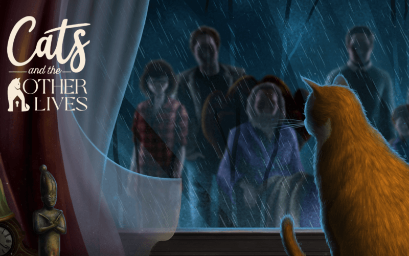 An orange cat looking out the window, to a view of rain and shadowy figures