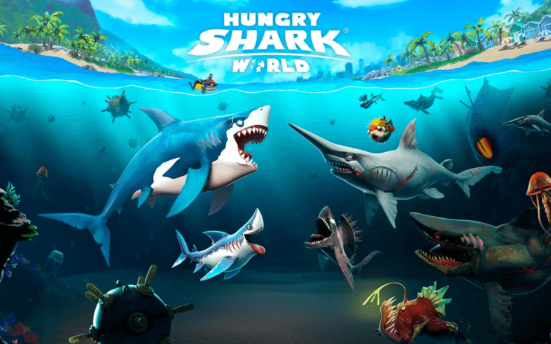 many sharks and other large underwater animals charging at each other underwater