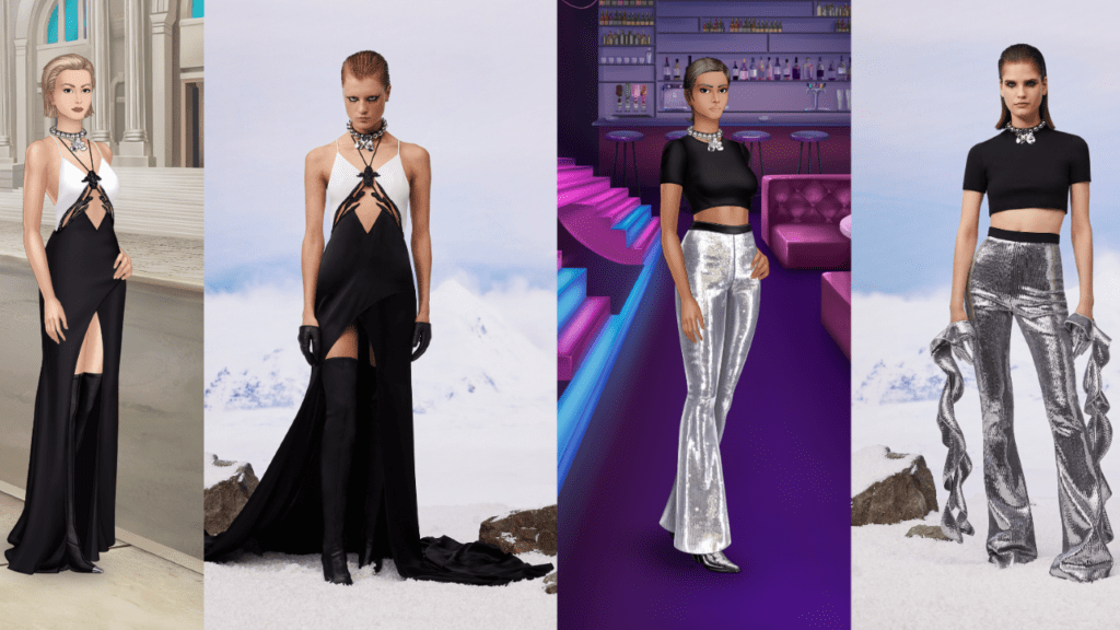 On the left, a woman in a black dress and its in game counterpart, on the right, a woman with a block crop-top and silver pants and its in game counterpart