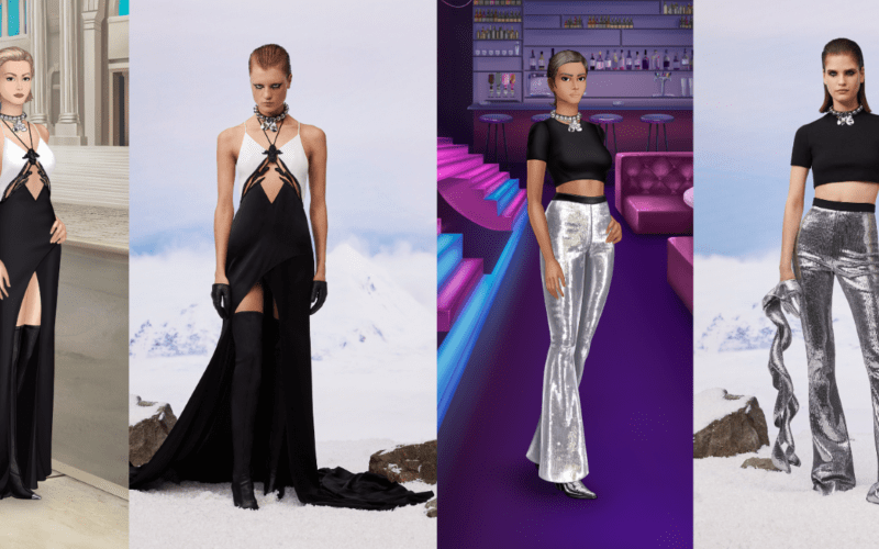 On the left, a woman in a black dress and its in game counterpart, on the right, a woman with a block crop-top and silver pants and its in game counterpart