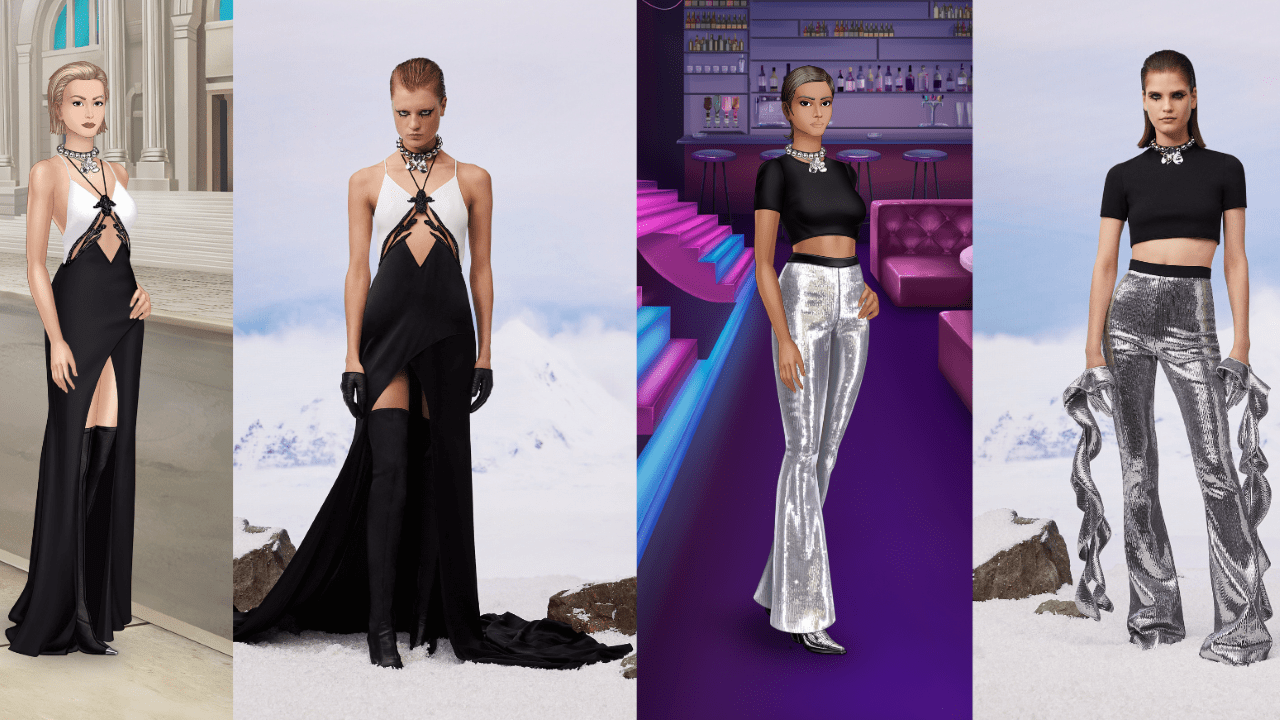 On the left, a woman in a black dress and its in game counterpart, on the right, a woman with a block crop-top and silver pants and its in game counterpart