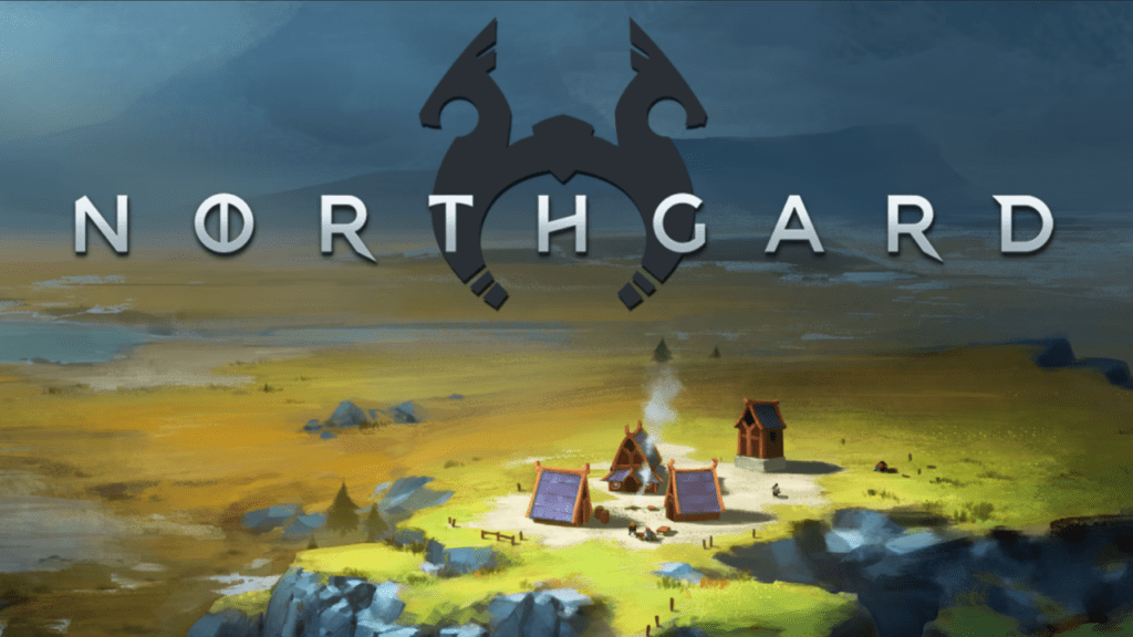 concept art of a small viking village on a plateau overlooking distant green fields