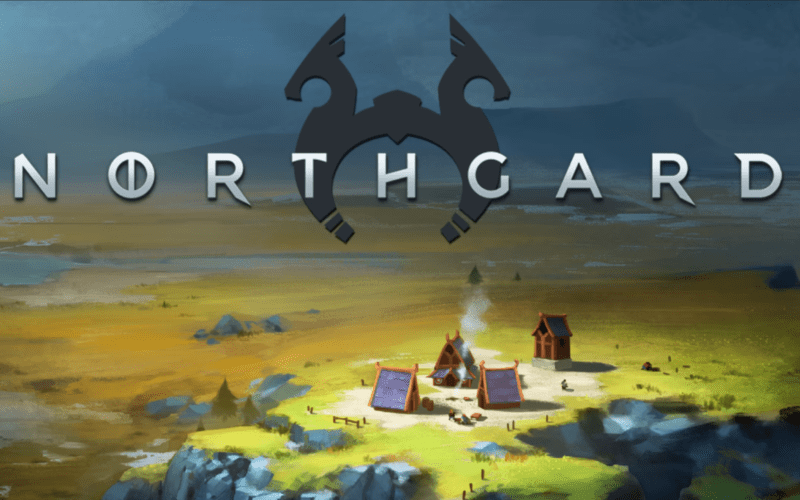 concept art of a small viking village on a plateau overlooking distant green fields