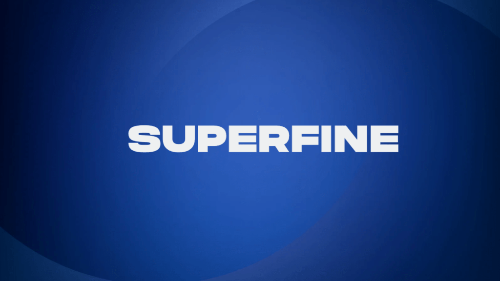 SUPERFINE written in white on a blue background