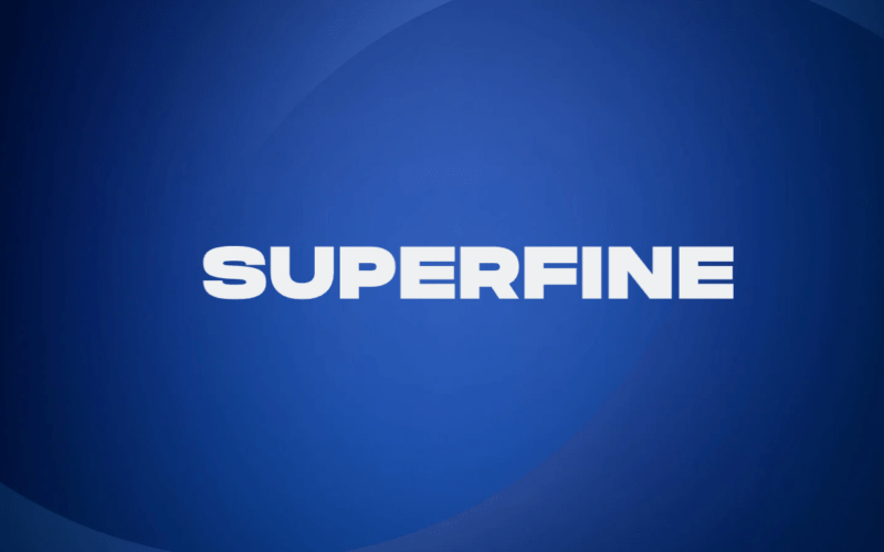 SUPERFINE written in white on a blue background