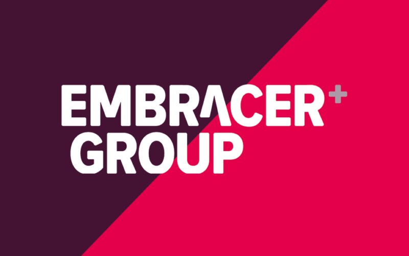 Embracer group logo on a red and