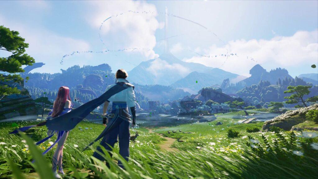 A warrior and a woman in dress looking at a mountainscape across fields of grass
