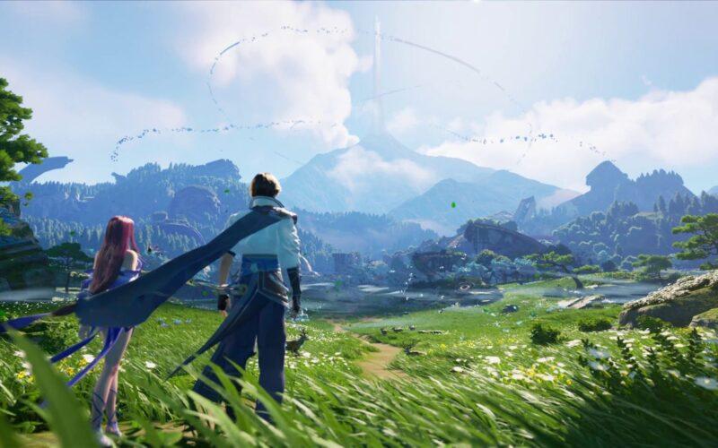 A warrior and a woman in dress looking at a mountainscape across fields of grass
