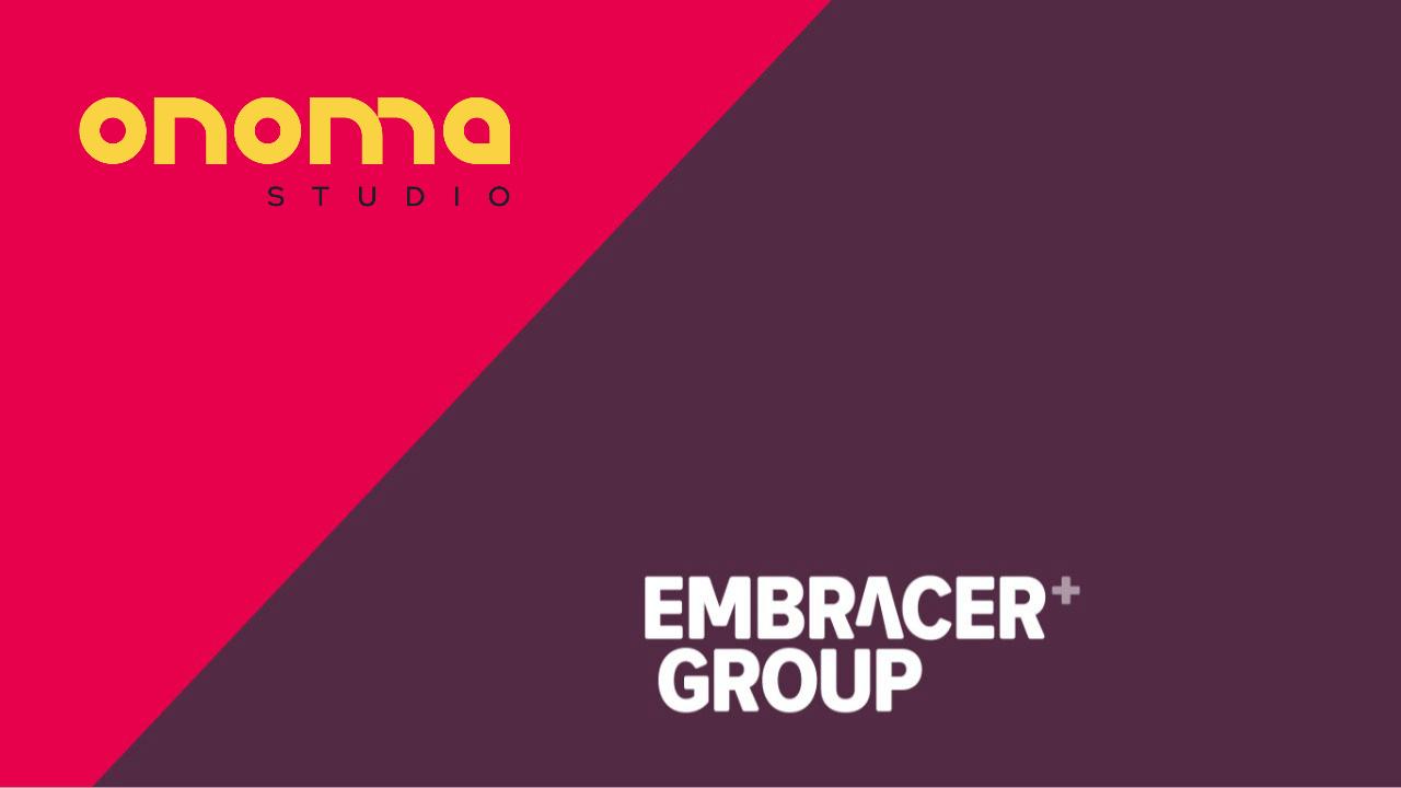 Onoma Studio and Embracer Group logos over a bright red and dark purple background